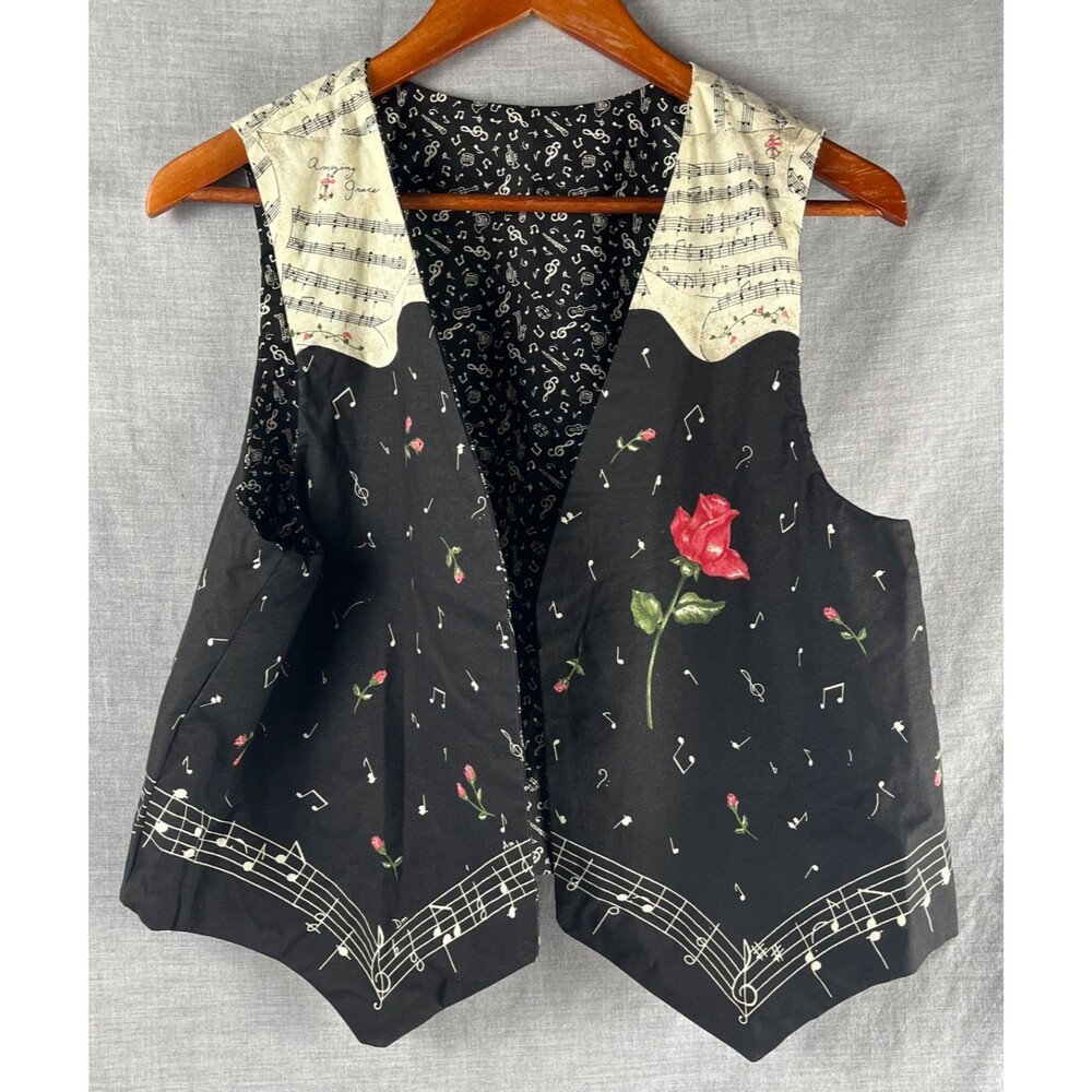 Reversible Handmade Vest Women's S/M Music Notes Rose Amazing Grace Open Front